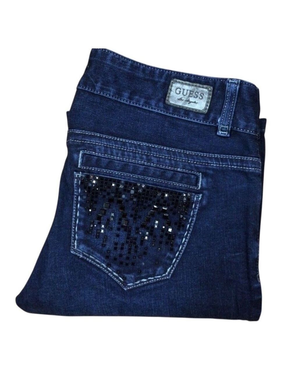 GUESS dare devil jeans bling stones dark blue rhinestones low rise boot cut 28